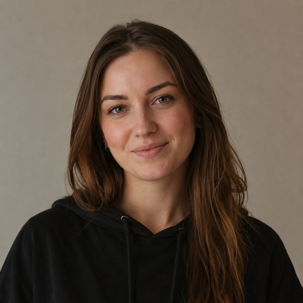 Portrait of a smiling young woman with long brown hair, wearing a black hoodie, against a neutral backdrop.