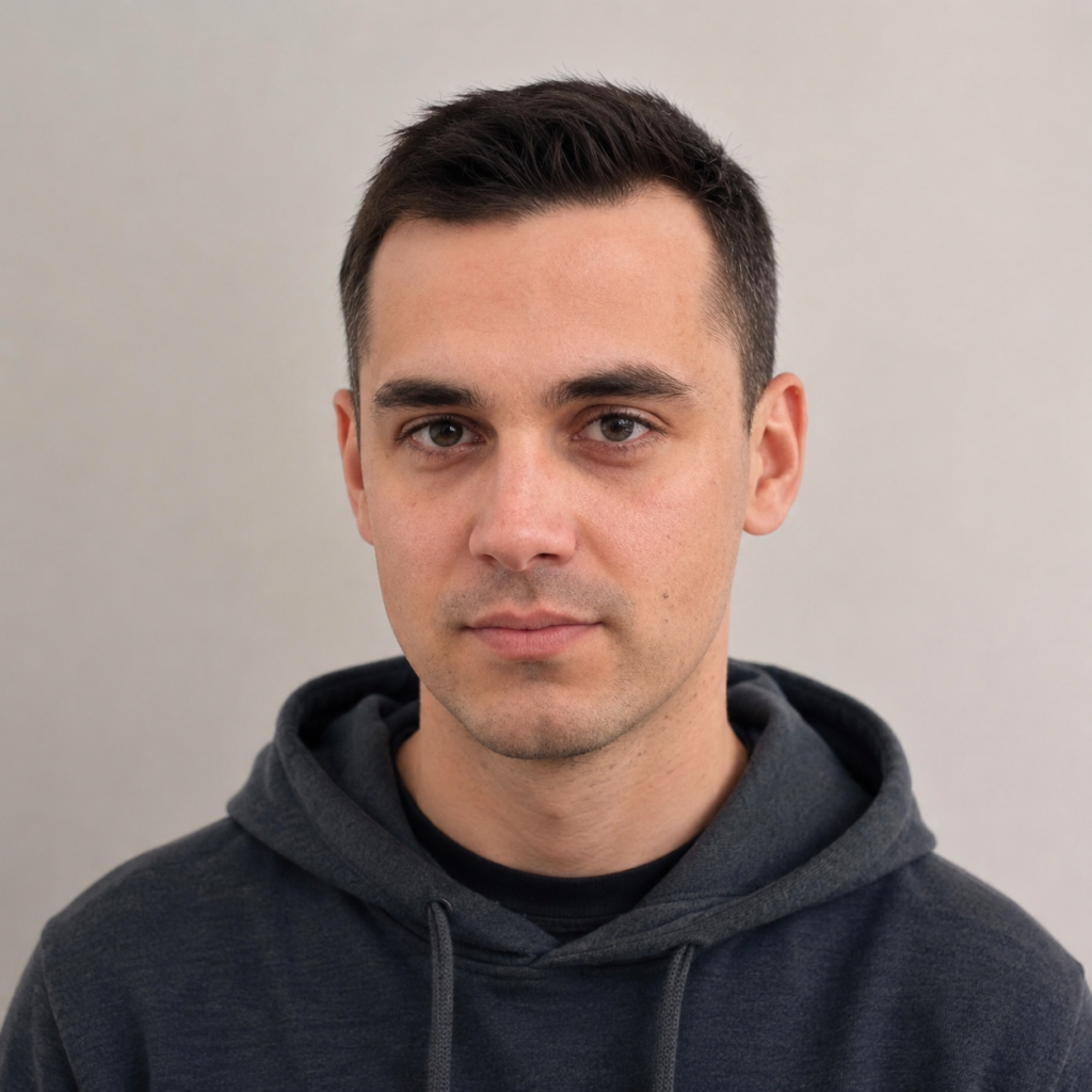 Portrait of a young man with short dark hair, wearing a dark hoodie, looking straight at the camera against a neutral gray background.