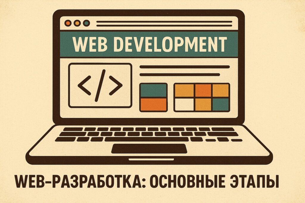 Винтажная иллюстрация ноутбука с надписью WEB DEVELOPMENT на экране и символами кода