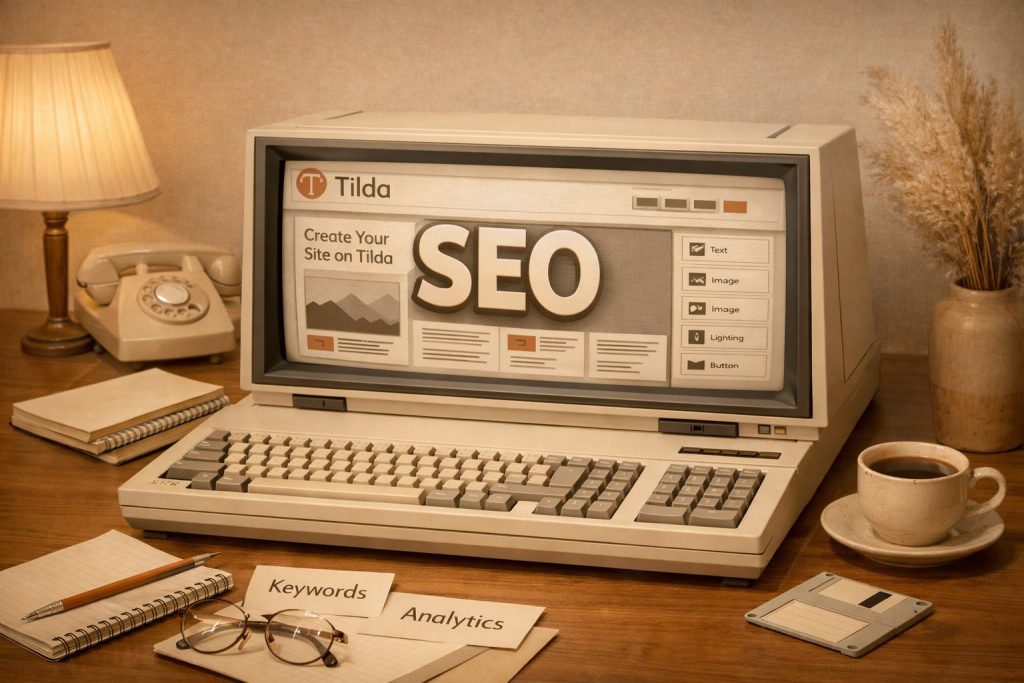 photo_2026-01-28_00-31-19 | YuSMP Group Винтажный компьютер с надписью SEO и логотипом Tilda на экране