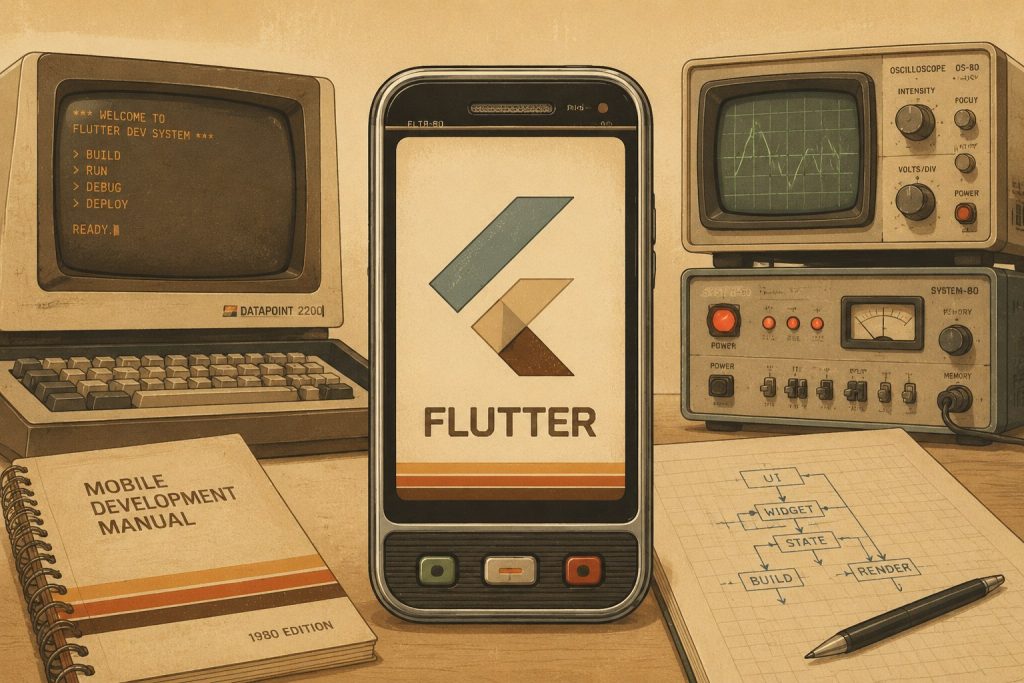 photo_2026-06-19_00-19-55 | YuSMP Group Vintage tech desk with a central smartphone showing the Flutter logo, flanked by an old computer and oscilloscope; notebook reads 'Mobile Development Manual'.