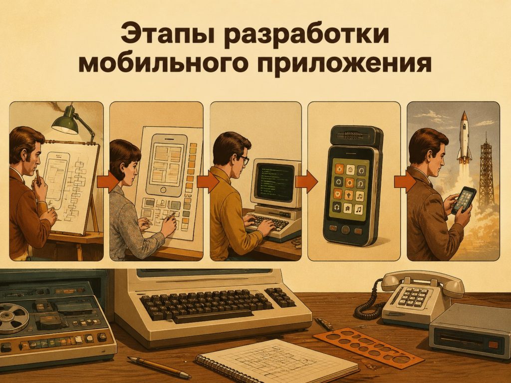 photo_2026-07-03_15-21-47 | YuSMP Group Poster illustrating the five stages of mobile app development: planning, design, coding, app interface, and launch, in a retro style.